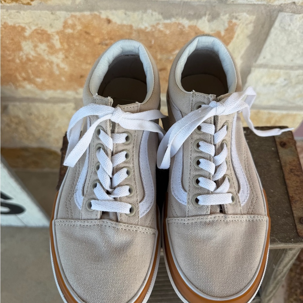 Vans Old Skool Stackform Khaki Tan Gum Sole Platform Sneakers Men 4 / Women 5.5 - Picture 10 of 11
